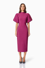 Ella Puff Sleeve Midi Dress In Burgundy