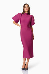 Ella Puff Sleeve Midi Dress In Burgundy