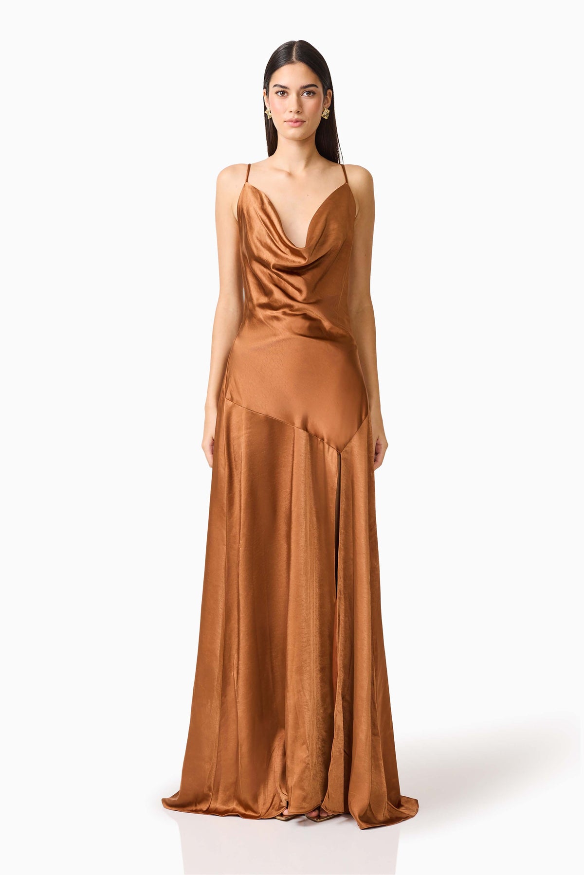 Clementine Cowl Neck Gown in Toffee Brown