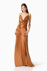 Clementine Cowl Neck Gown in Toffee Brown