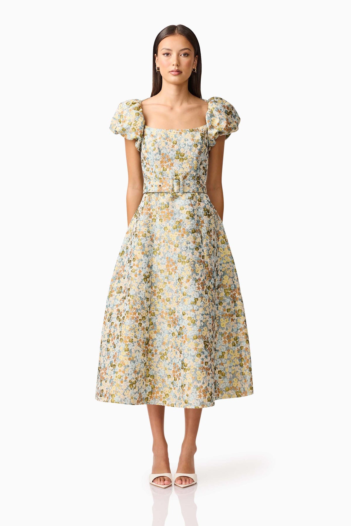 Tasmin Puff Sleeve Midi Dress in Blue & Yellow Floral