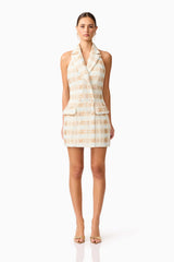 Ashlyn Halter Tweed Mini Dress in White & Gold