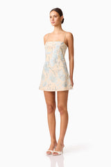 Nia Embroidered Mini Dress in Beige