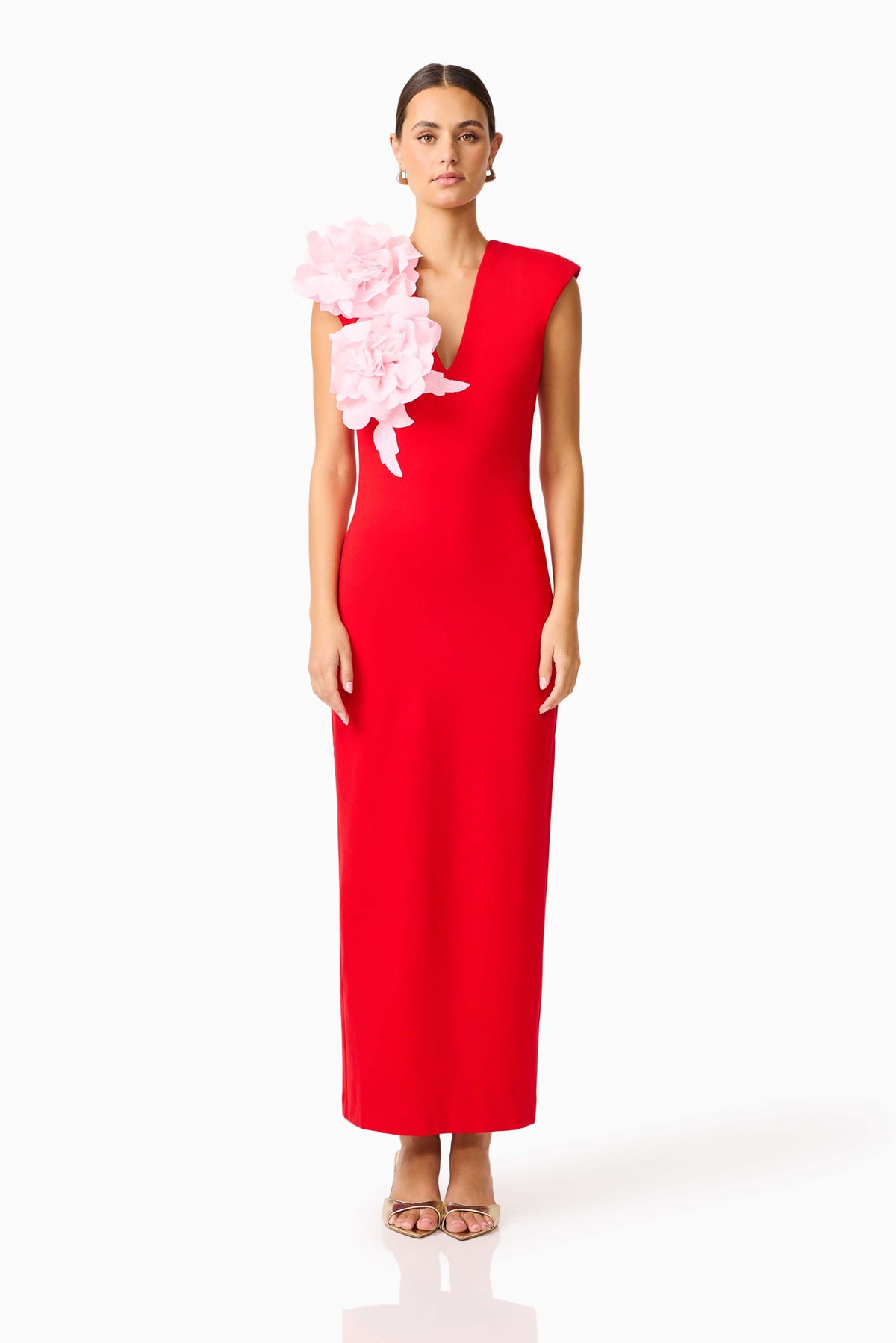 Zahara V-Neck Gown in Red & Pink