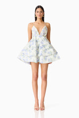 Cleo Tiered Mini Dress in White & Blue Floral