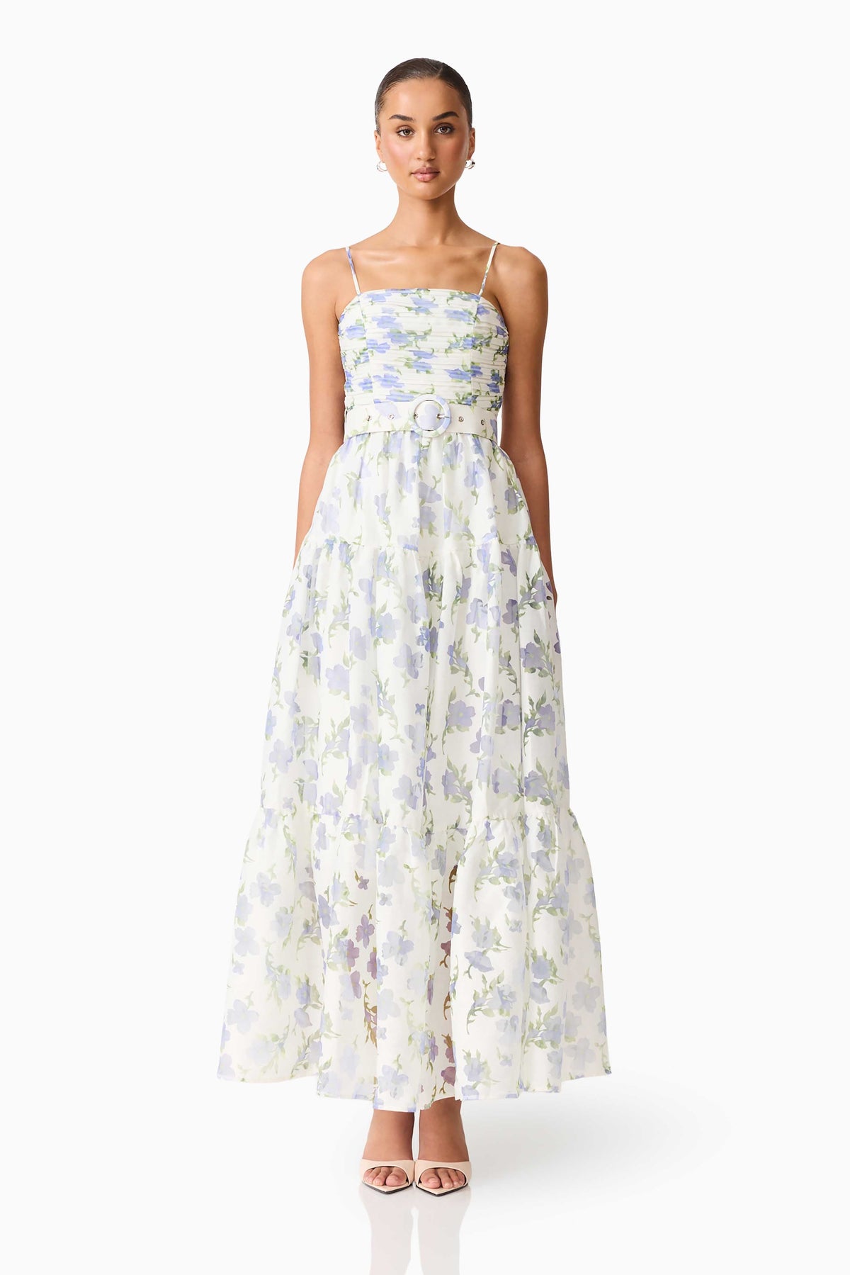 Cleo A-line Gown in White & Blue Floral
