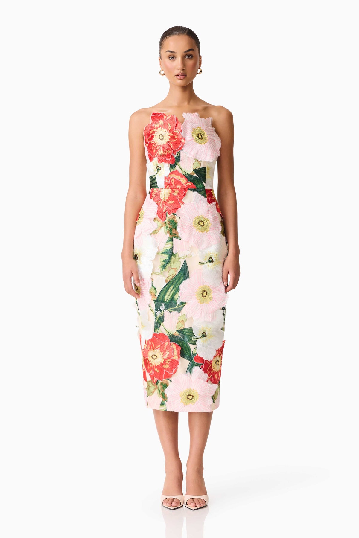 Solara Strapless Midi Dress in Pink Floral