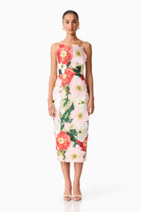 Solara Strapless Midi Dress in Pink Floral