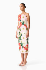 Solara Strapless Midi Dress in Pink Floral