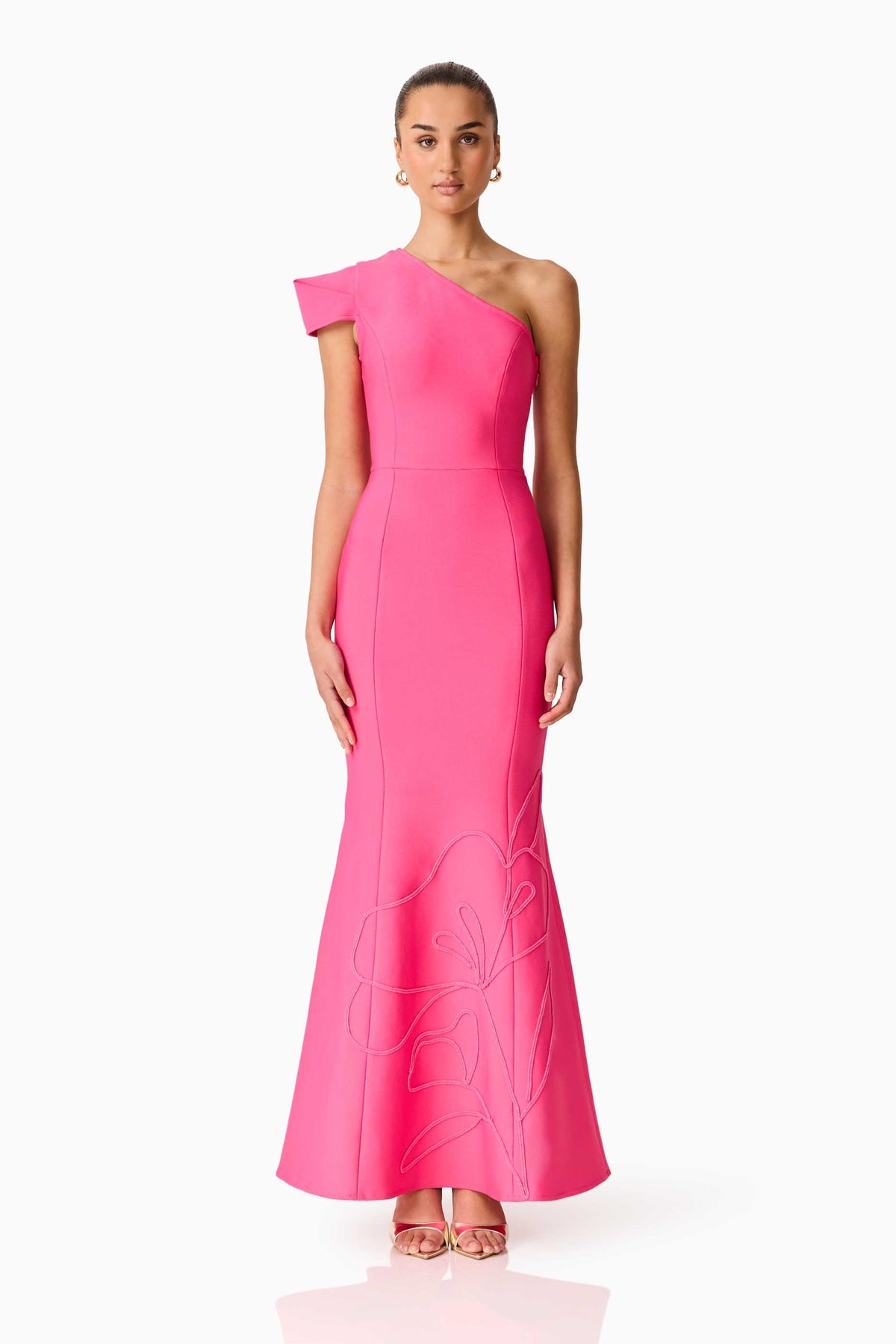 Opline One Shoulder Gown in Hot Pink