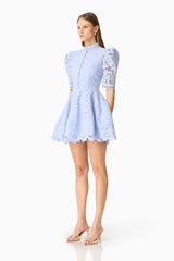 Lacy Puff Sleeve Mini Dress in Powder Blue