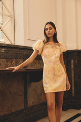 Zaria Puff Sleeve Mini Dress In Yellow Floral