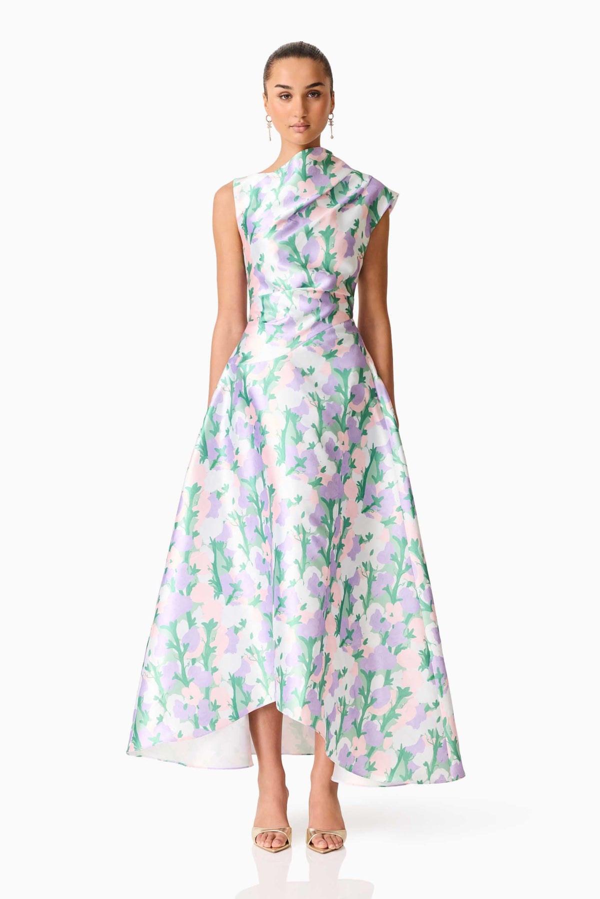 Lavina Asymmetrical Gown in Green & Purple Floral
