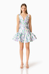 Lavina V-Neck Mini Dress in Green & Purple Floral