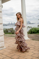 Sola Tiered Maxi Dress in Brown Polkadot