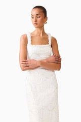 Elowen Floral Applique Midi Dress in White