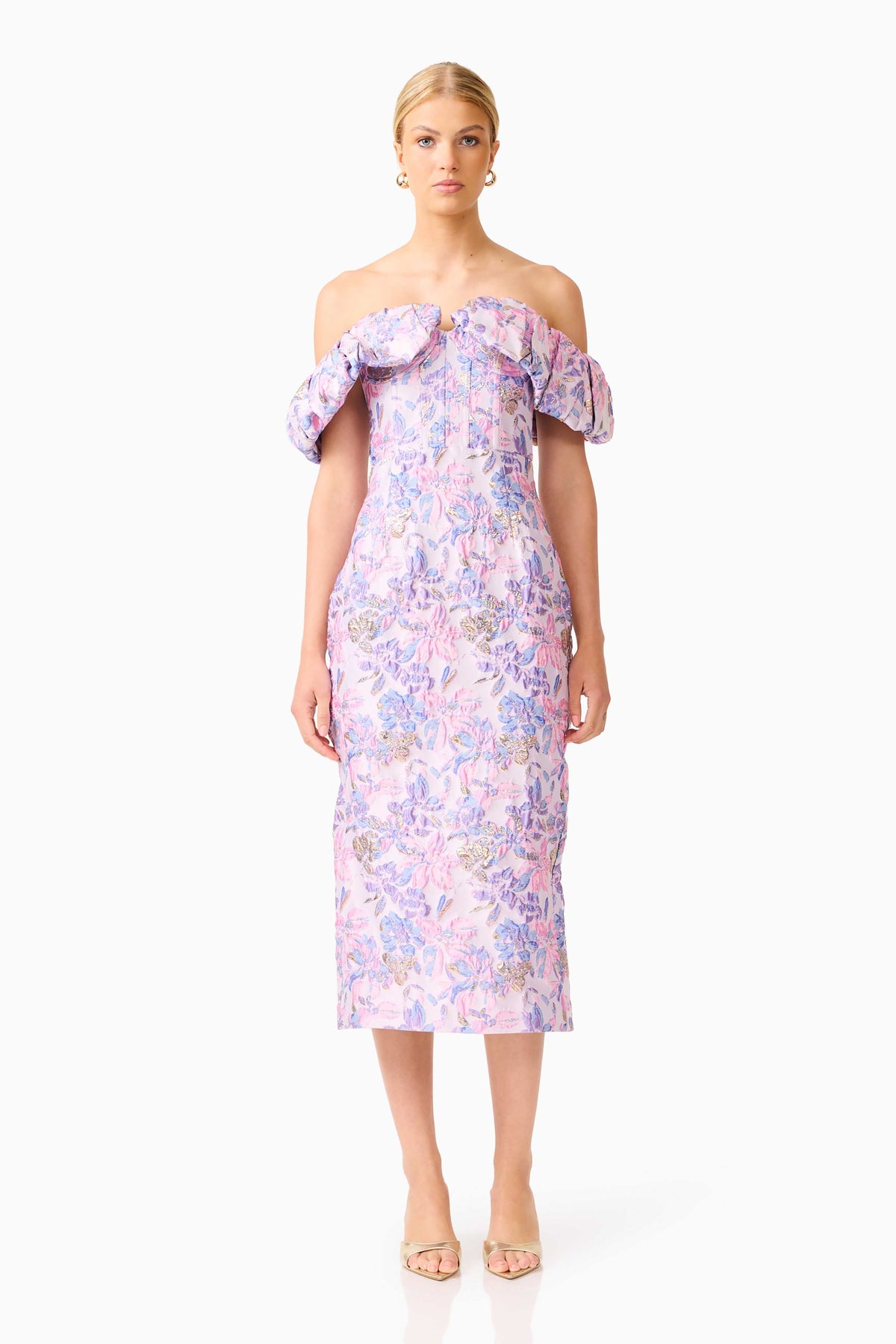 Marlene Strapless Midi Dress in Pink & Purple Floral