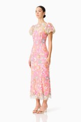 Nathalie Puff Sleeve Gown in Pink Floral
