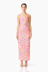 Nathalie Colunm Midi Dress in Pink Floral