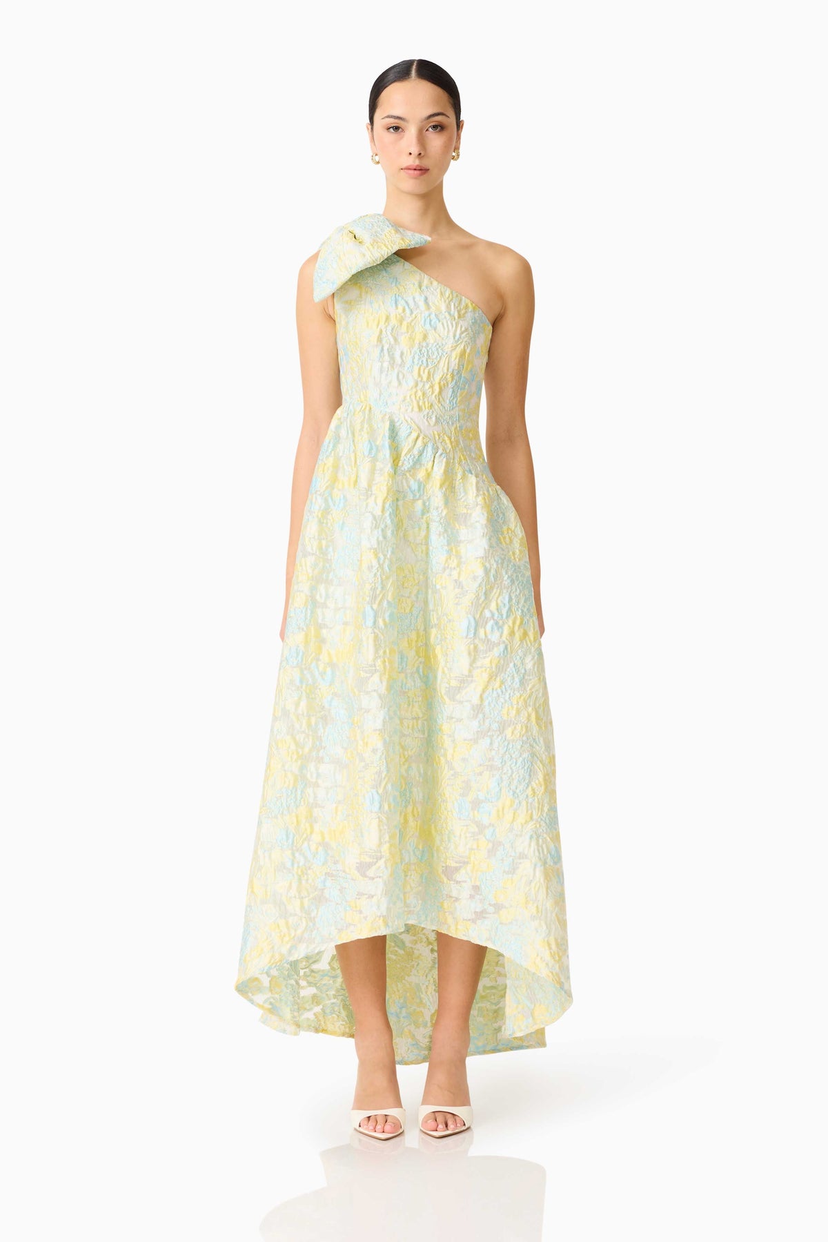 Penelope Asymmetrical Gown in Yellow & Blue Floral