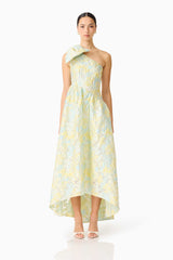 Penelope Asymmetrical Gown in Yellow & Blue Floral
