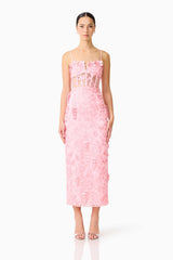 Monique Floral Applique Midi Dress in Pink