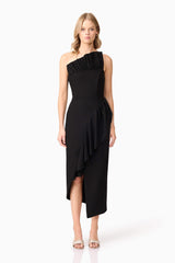 Ava Asymmetrical Midi Dress in Black