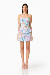 Priselle Peplum Top & Mini Skirt Set in Blue Floral