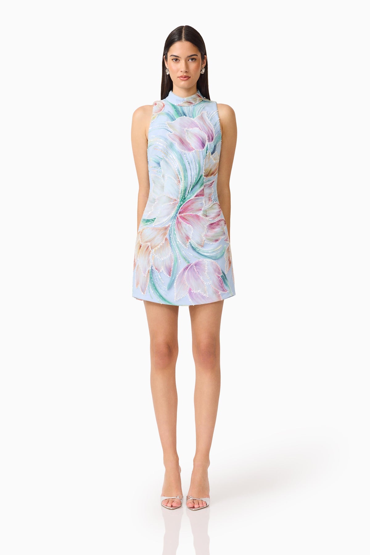 Priselle High Neck Mini Dress in Blue Floral
