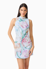 Priselle High Neck Mini Dress in Blue Floral