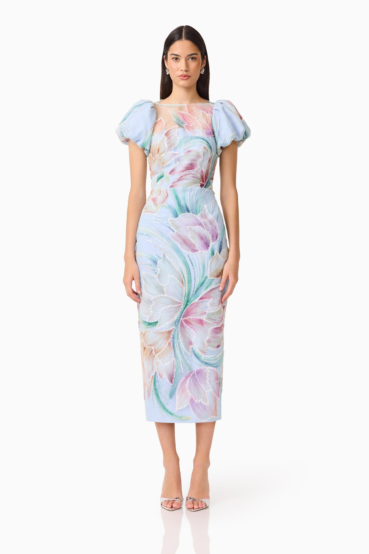 Priselle Puff Sleeve Midi Dress in Blue Floral