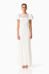 Rina Beaded Puff Sleeve Gown in White