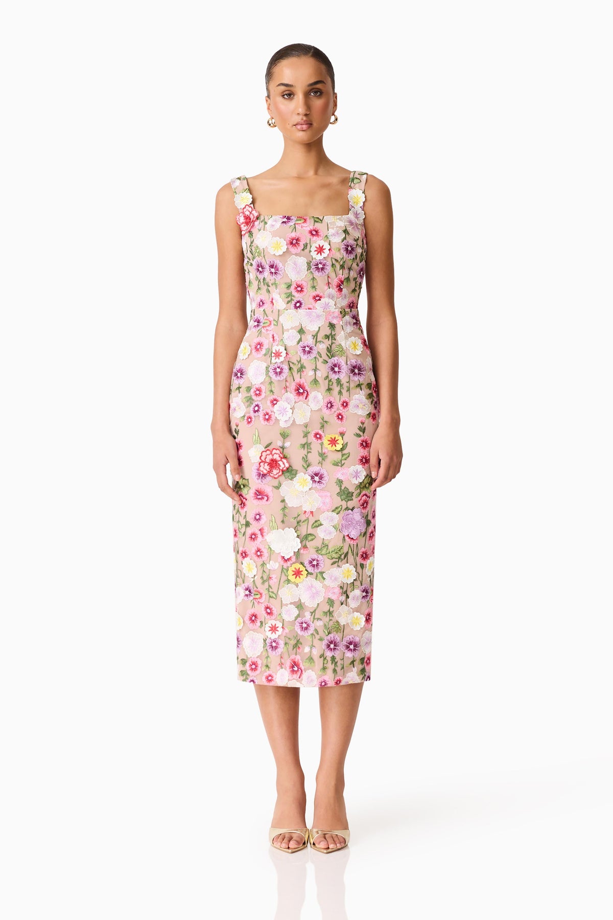 Neve Applique Midi Dress in Pink Floral