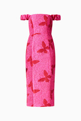 Lorena Jacquard Off Shoulder Midi Dress in Pink