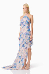 Briony Asymmetrical Maxi Dress in Pink & Blue Floral