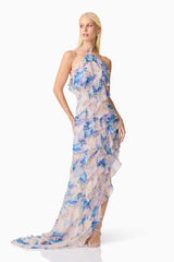 Briony Asymmetrical Maxi Dress in Pink & Blue Floral