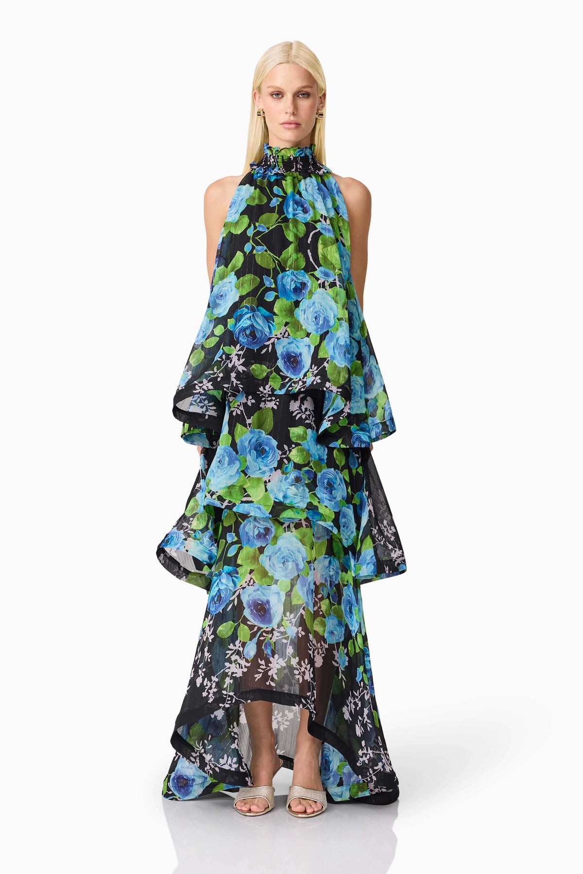 Briony Tiered Gown in Black & Blue Floral