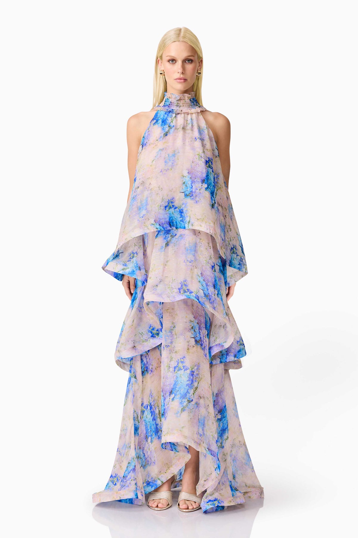 Briony Tiered Gown in Pink & Blue Floral