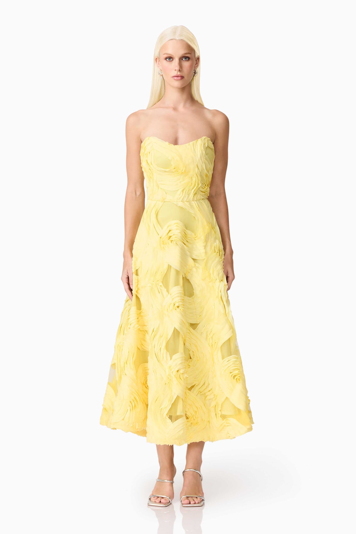 Asher Sweetheart Midi Dress in Yellow
