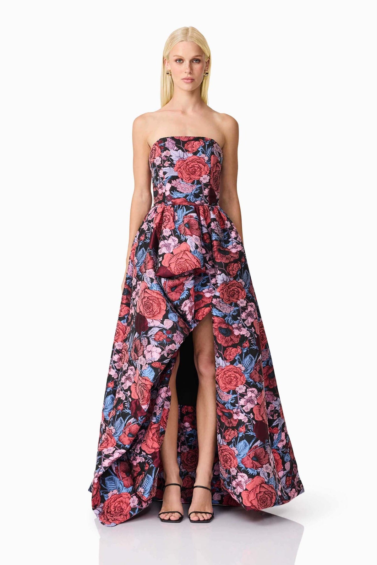 Delphine Strapless Gown in Pink & Black Floral