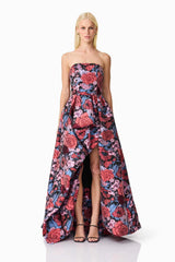 Delphine Strapless Gown in Pink & Black Floral
