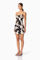 Margaux Strapless Mini Dress in Black & Gold Floral