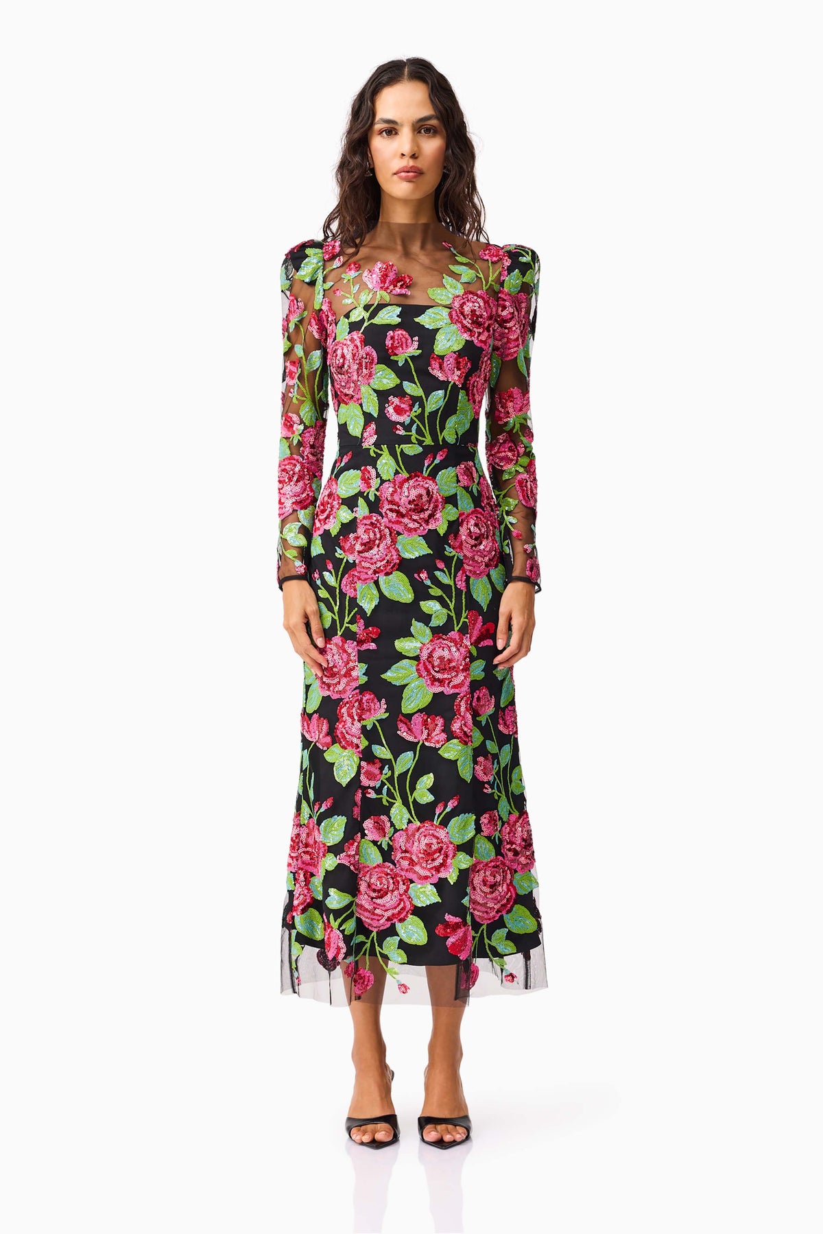 Lyra Sequin Long Sleeve Midi Dress in Pink & Green Floral