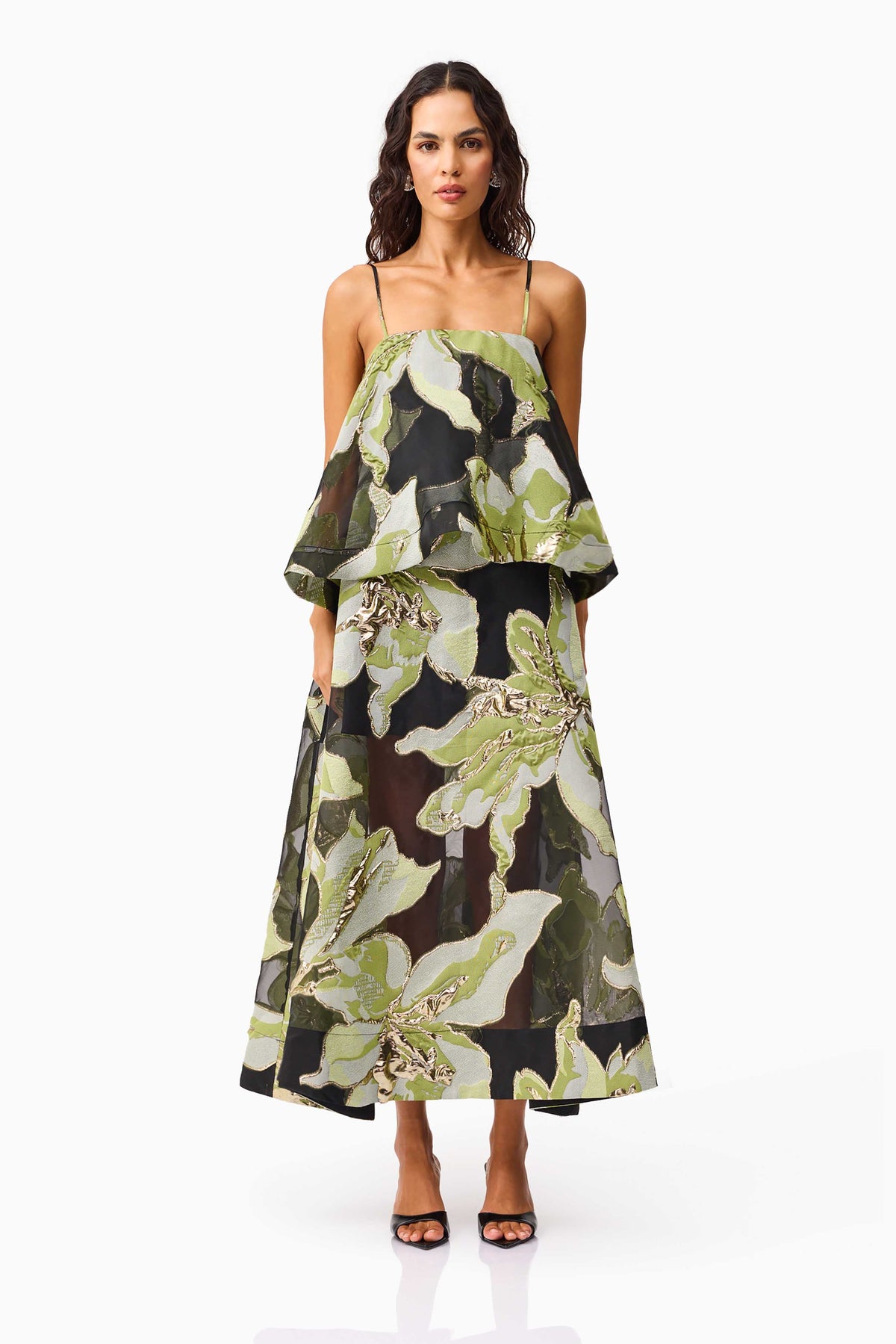 Elysia Tiered Gown in Black & Green Floral