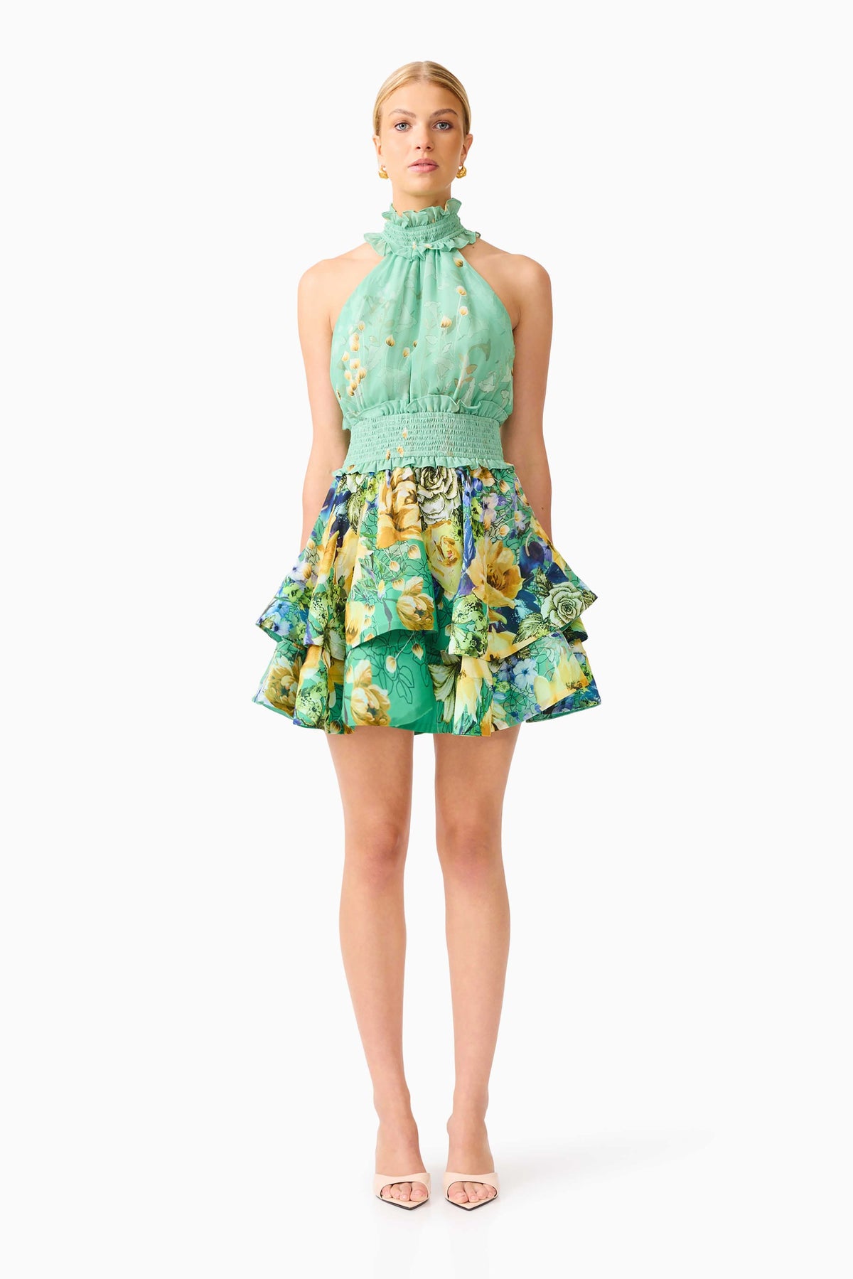 Estelle Halter Mini Dress in Green Floral