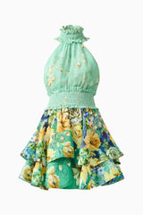 Estelle Halter Mini Dress in Green Floral