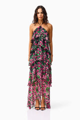 Estelle Halter Gown in Black & Pink Floral