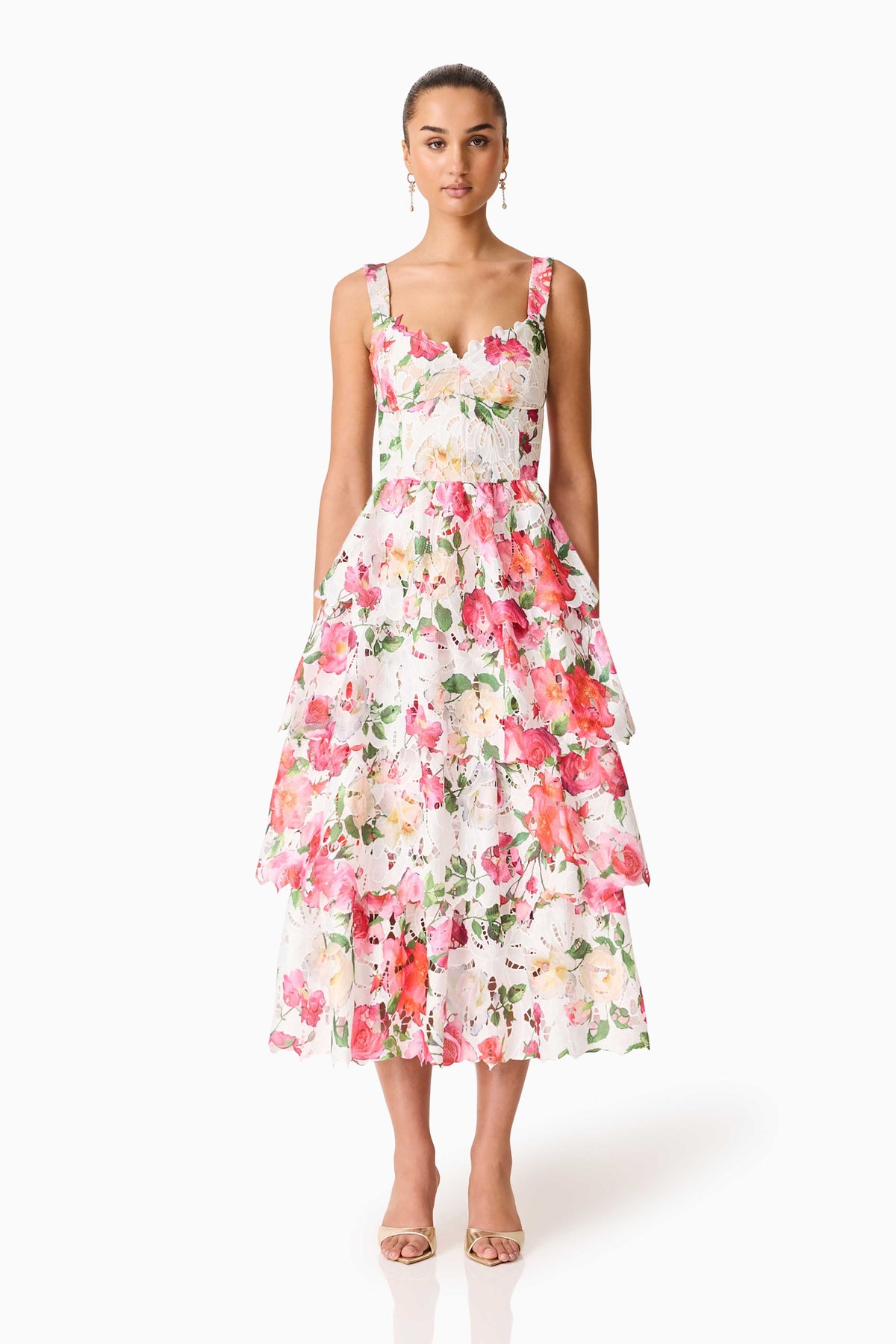 Roselle Tiered Midi Dress Pink Floral