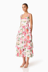 Roselle Tiered Midi Dress Pink Floral