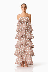 Sola Tiered Maxi Dress in Brown Polkadot
